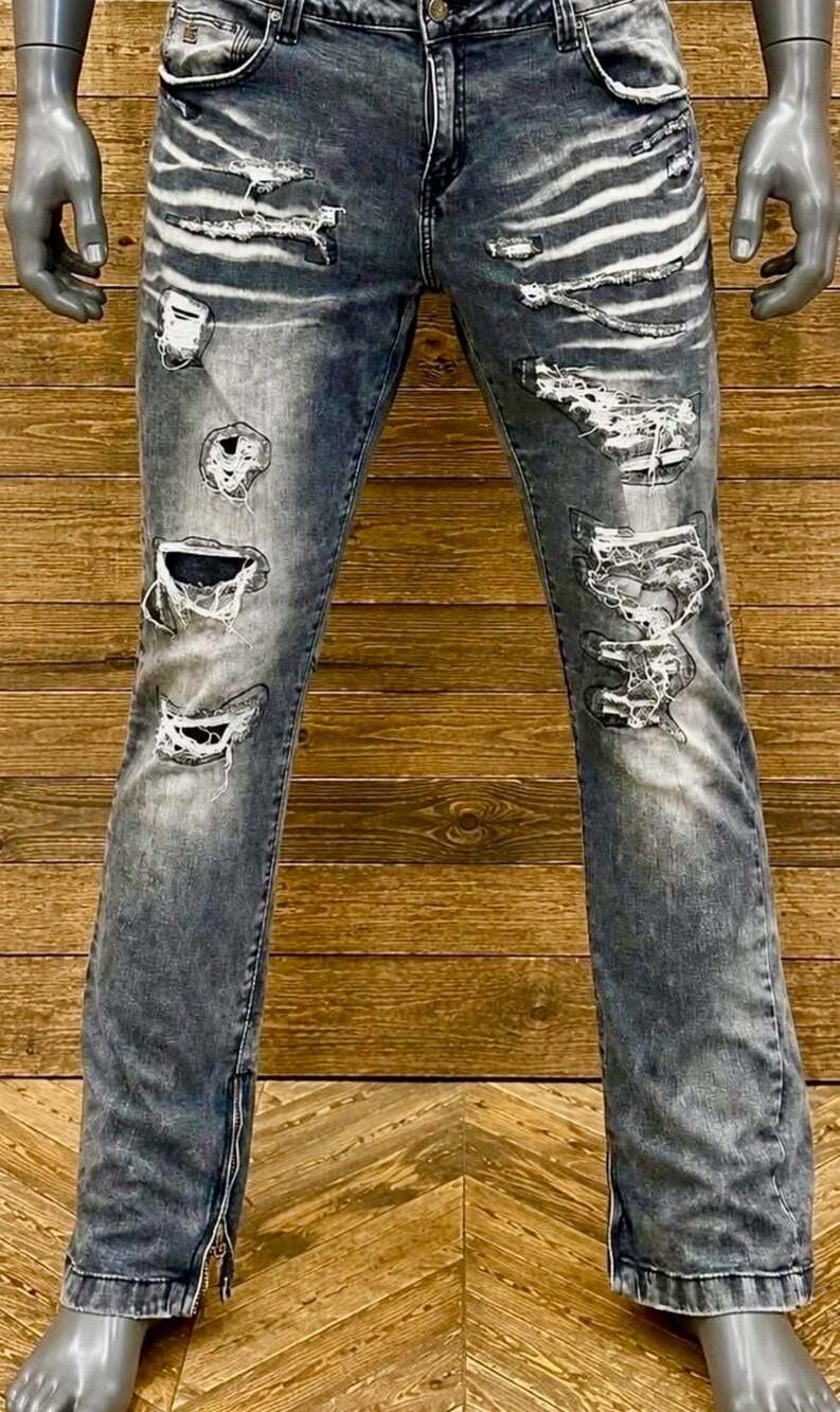 Grindhouse Denim Co. Men's Distressed Acid Wash Jeans with Zipper Cuffs, Size 40
